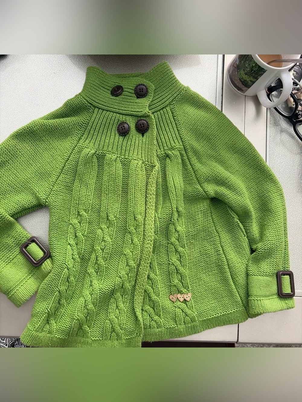 Girls' Green Cable Knit Button-Up Cardigan. Size 4.